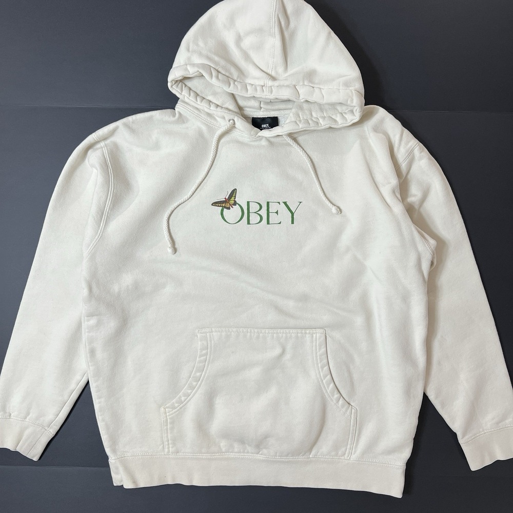 Obey Hoodie Mens XL Beige Pullover Butterfly Graphic Fleece Sweatshirt Y2K